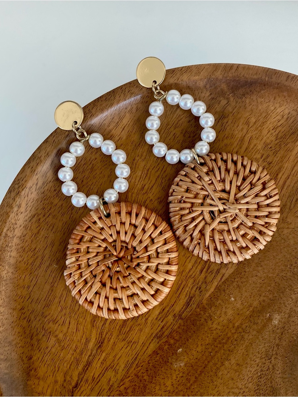 4/$15 Pearl Loop & Tan Woven Rattan Drop Earrings